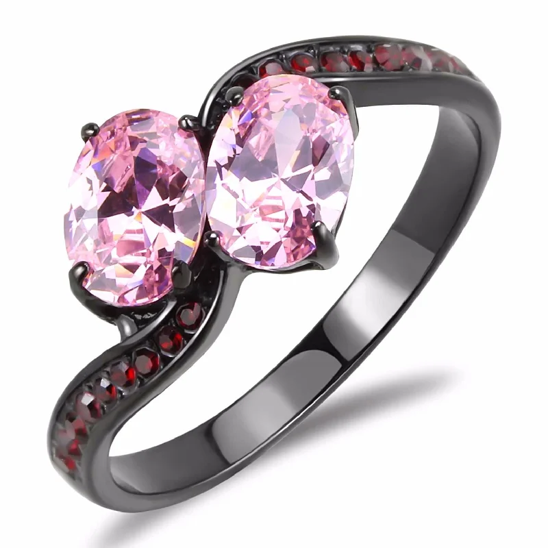 women's rings with moissanite -Two 0f 7x5mm Oval Cut Pink CZs Center Black IP Stainless Steel Cocktail Ring