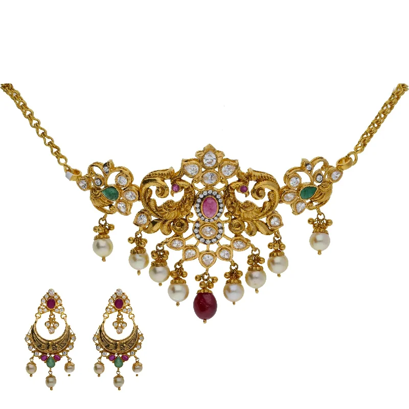 women's earrings gemstone cluster -22K Yellow Antique Gold 2-in-1 Choker/Vanki & Chandbali Earrings Set W/ Emerald, Ruby, CZ, Pearls & Double Peacock Design