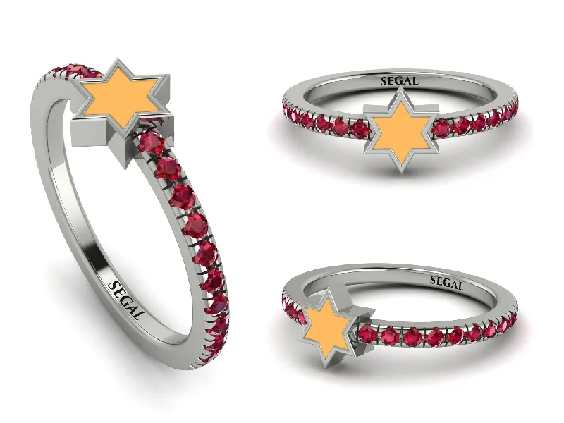 women's rings with diamond sidestones -Elegant Enamel Magen David Ruby Ring - Magen David No. 12