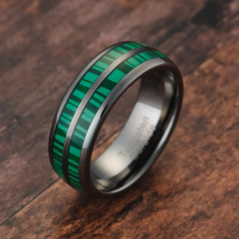 engagement rings with white gold -100S JEWELRY Engraved Personalized Gunmetal Tungsten Rings For Men Malachite Inlay Wedding Promise Band Size 6-16