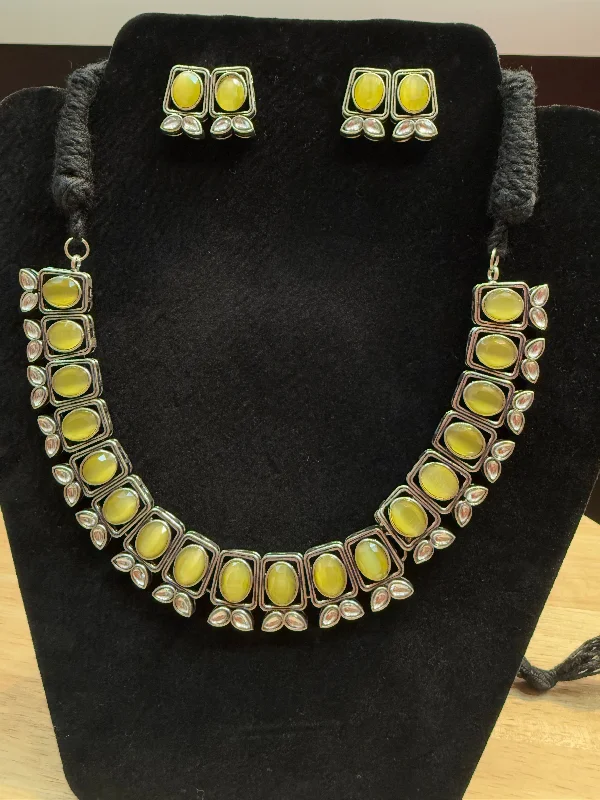 women's necklaces vintage style -Beautiful Yellow Color With Silver Stone Fancy Oxidized Necklace With Earrings