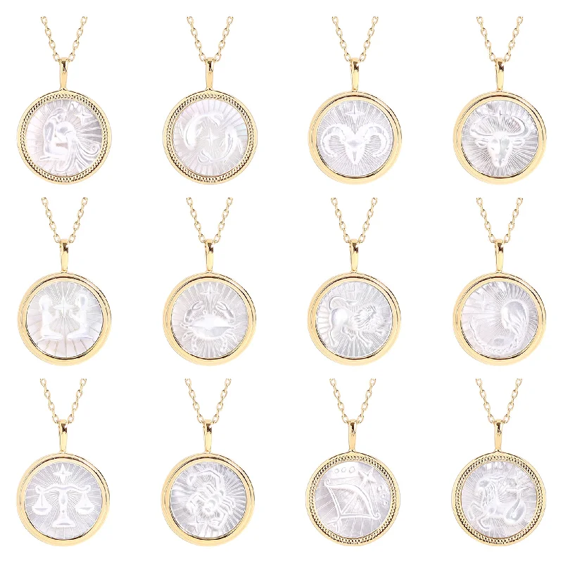 women's necklaces delicate chain link -14K Gold Plated Sterling Silver Mother of Pearl Zodiac Pendant Necklace / SBB0354