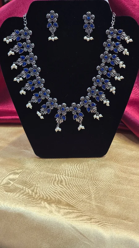 women's necklaces diamond -Amazing Blue Color Flower Shaped Necklace Set