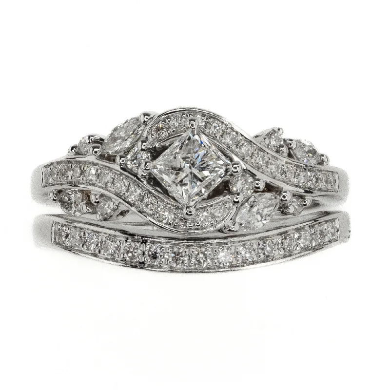 engagement rings with diamond accents -Adriana Papell 0.96ctw Multi Diamond Wedding Set in 14K White Gold Size 7