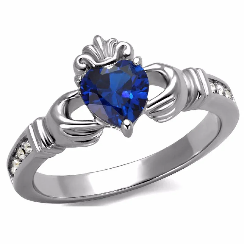 women's rings nature-inspired -Women's 6x6mm Heart Cut London Blue CZ Stainless Steel Claddagh Ring