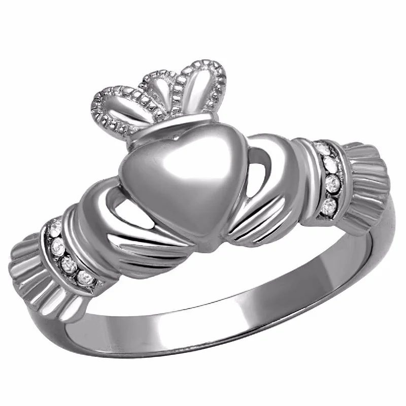 women's rings with halo diamonds -Top Grade Crystal in High Polish Stainless Steel Claddagh Ring