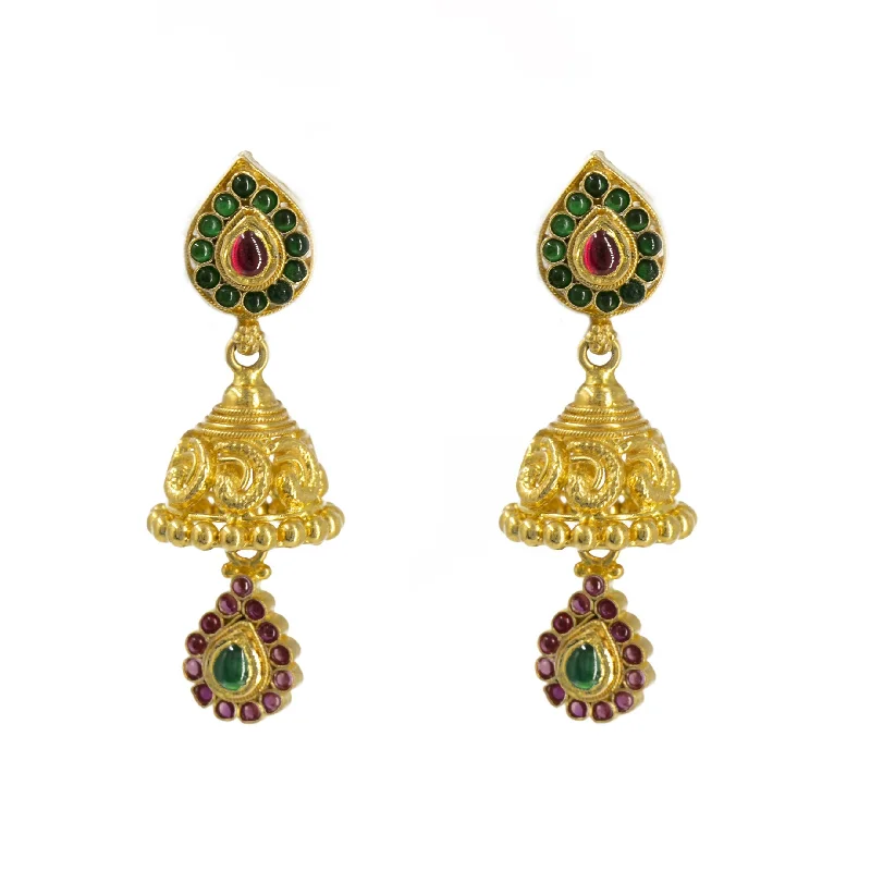 women's earrings with antique finish -22K Yellow Gold Jhumki Drop Earrings W/ Ruby, Emerald & Teardrop Drop Pendant