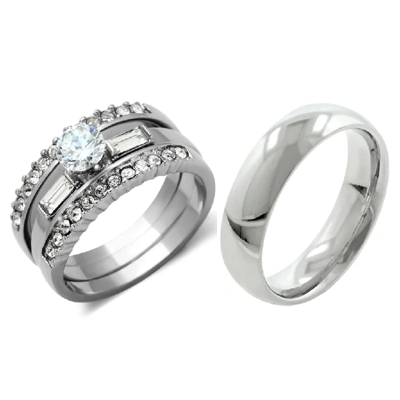 engagement rings with art deco elements -His Hers 4 PCS Womens Stainless Steel Wedding Set w/ Mens Matching Band