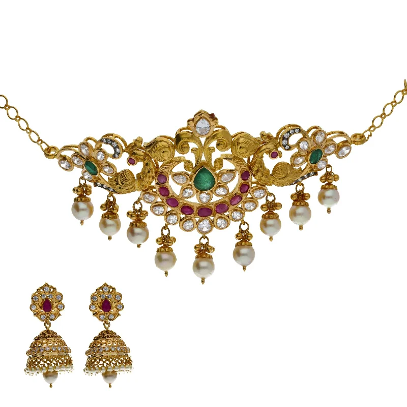 women's earrings for weddings -22K Yellow Antique Gold 2-in-1 Choker/Vanki & Jhumki Earrings Set W/ Kundan, Emerald, Pearls & Crescent Accents