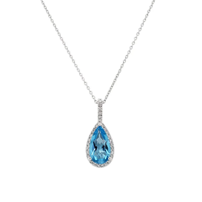 women's necklaces with vintage charm -WHITE GOLD NECKLACE WITH PEAR SHAPED BLUE TOPAZ AND DIAMOND HALO PENDANT, .08 CT TW