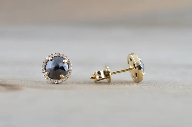 women's earrings for layering -Rose Cut Black Diamond Halo Studs