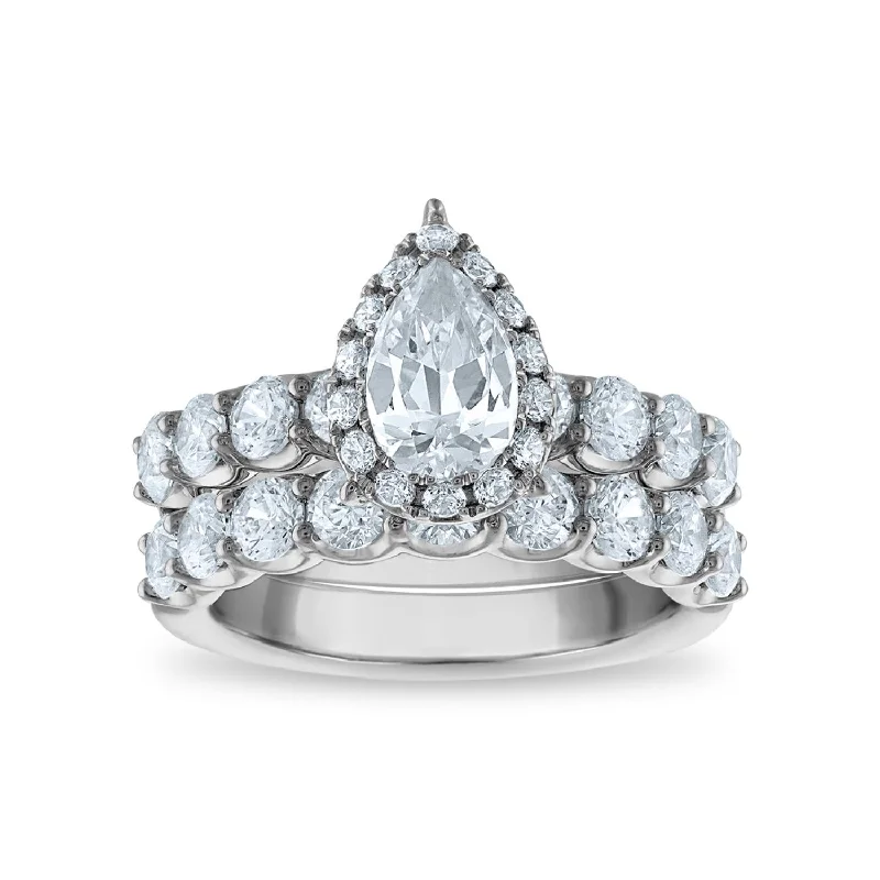 engagement rings platinum -Signature EcoLove 3-1/2 CTW Lab Grown Diamond Halo Pear Shaped Wedding Set in 14KT White Gold