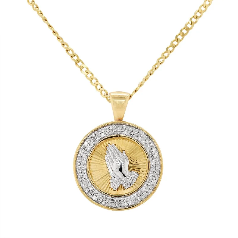 women's necklaces with rose pendant -YELLOW GOLD DIAMOND PRAYING HANDS PENDANT NECKLACE, 1/4 CT TW