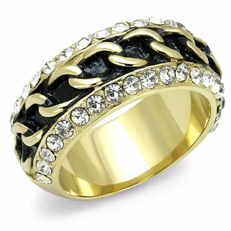 women's rings with intricate patterns -Top Grade Clear Crystal with Black Chain Look Center Gold IP Stainless Steel Band