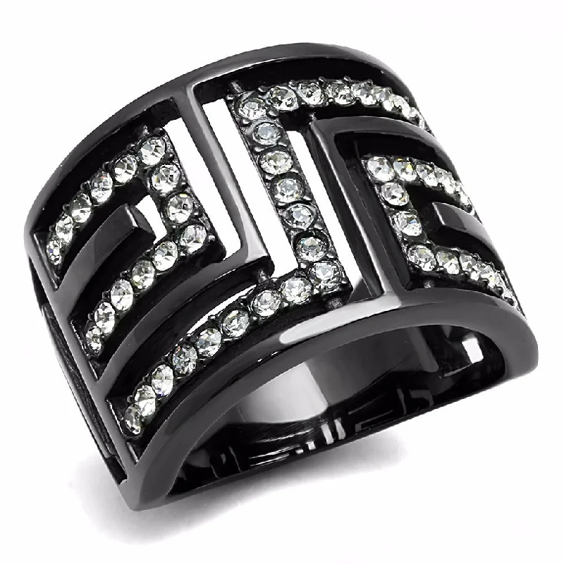 women's rings with romantic appeal -Top Grade Crystal Set in Black IP Stainless Steel Wide Band Ring