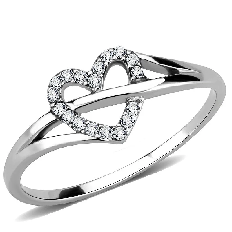 women's rings twisted band -AAA Grade Clear CZ on Heart Shape Stainless Steel Womens Eternity Pave Thin Band