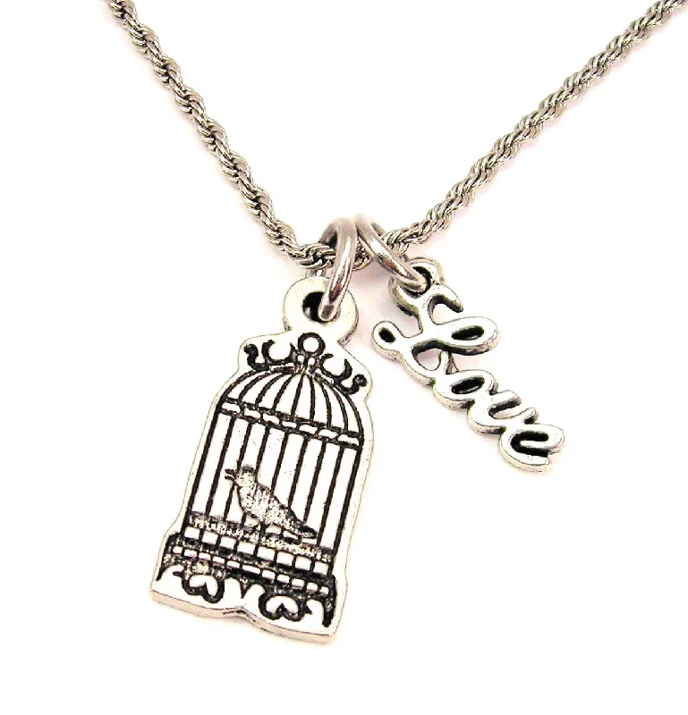 women's necklaces pearl -Caged Bird 20" Chain Necklace With Cursive Love Accent