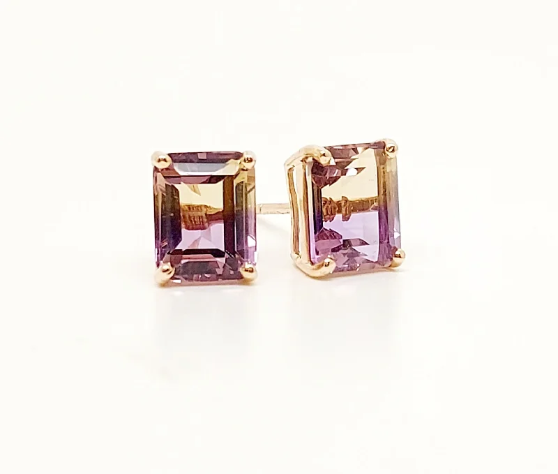 women's earrings with celestial theme -AMETRINE STUD EMD CUT IN 14K ROSE GOLD