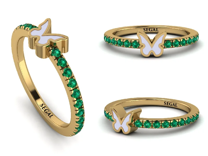 women's rings with diamond border -Elegant Enamel Butterfly Emerald Ring - Butterfly No. 4