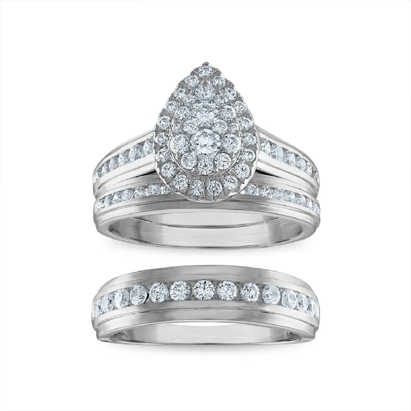 engagement rings with gemstones -1-1/2 CTW Lab Grown Diamond Halo Pear Shaped Wedding Trio Set in 10KT White Gold