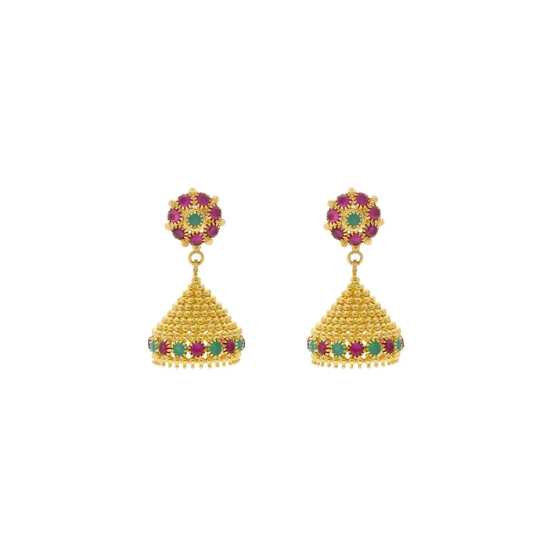 women's earrings with emerald -22K Yellow Gold Emerald & Ruby Jhumki Drop Earrings, 10.8 grams