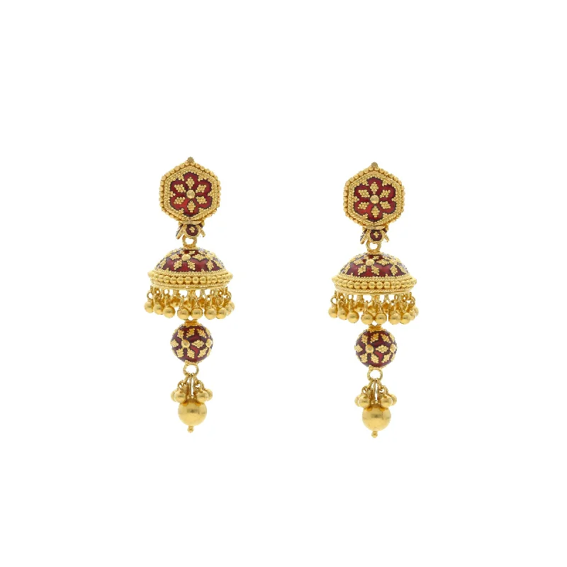 women's earrings with crystals -22K Yellow Gold Drop Earrings W/Meenakari Design, 20.6 grams