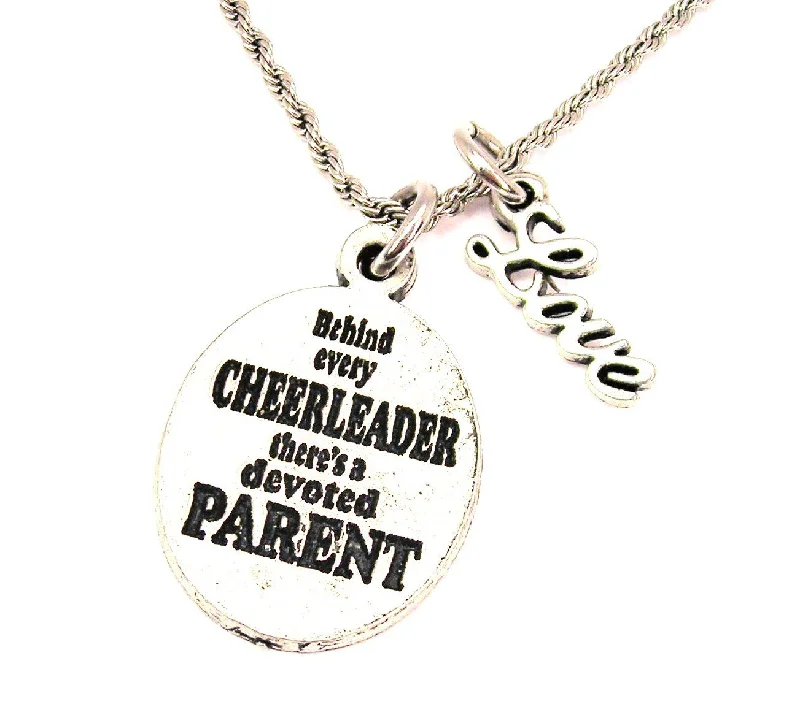 women's necklaces with sapphire pendant -Behind Every Cheerleader Is A Devoted Parent 20" Chain Necklace With Cursive Love Accent