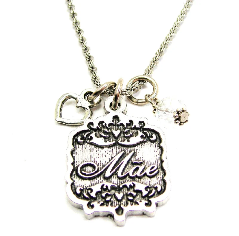 women's necklaces with butterfly charm -Mae Victorian Scroll With With Open Heart And Crystal 20" Stainless Steel Rope Necklace