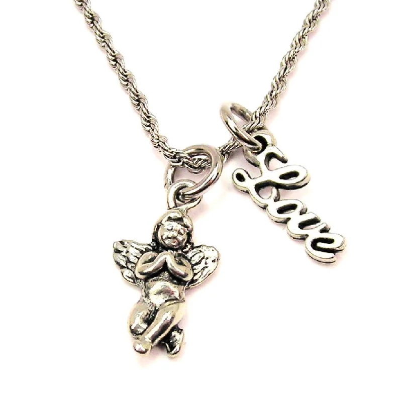 women's necklaces with anchor design -Chubby Praying Angel 20" Chain Necklace With Cursive Love Accent