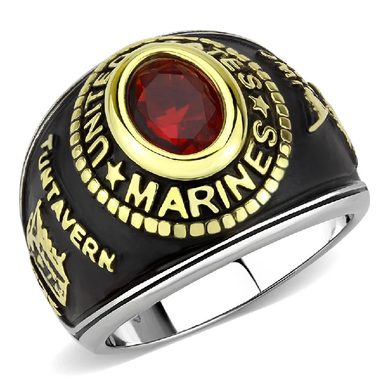 women's rings geometric design -Women's 316 Stainless Steel Two Tone Gold Marine Military Ruby CZ Ring