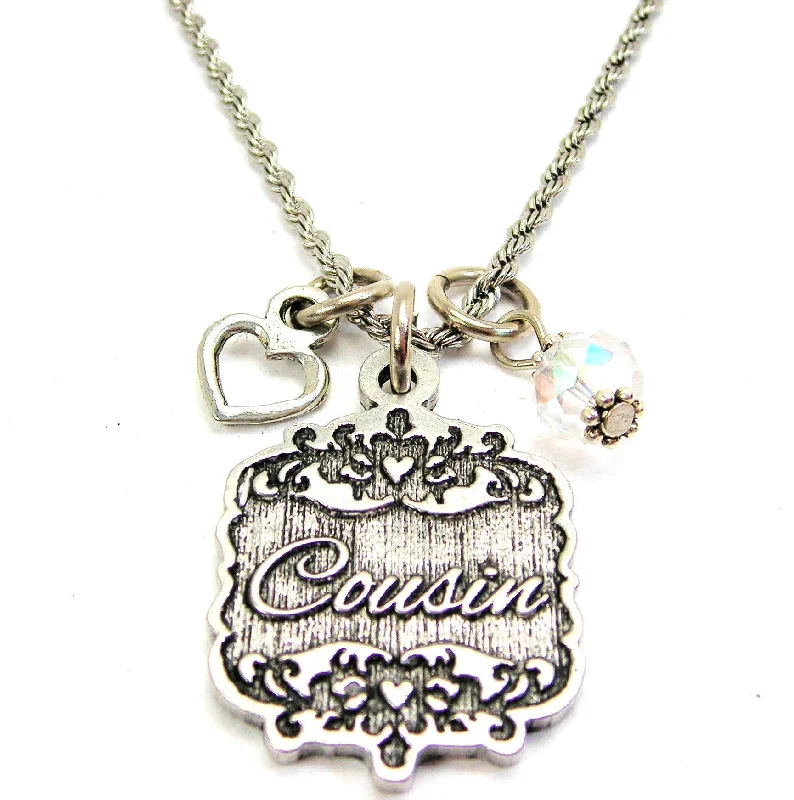 women's necklaces with crystal accents -Cousin Victorian Scroll With Open Heart And Crystal 20" Stainless Steel Rope Necklace