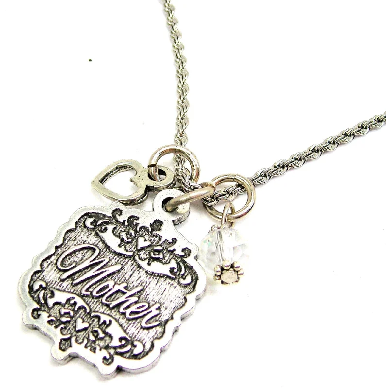 women's necklaces romantic design -Mother Victorian Scroll With Open Heart And Crystal 20" Stainless Steel Rope Necklace