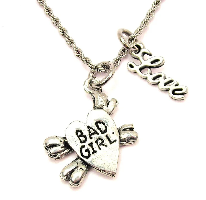 women's necklaces with topaz stone -Bad Girl Skull And Crossbones 20" Chain Necklace With Cursive Love Accent