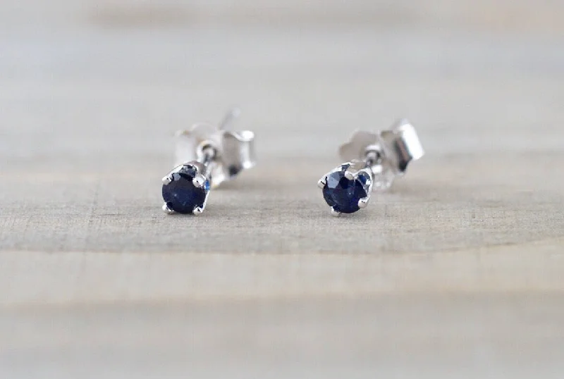 women's earrings gold -14k Solid White Gold with Blue Sapphire Gemstone Earring Studs Post Push Back Square September Birthstone