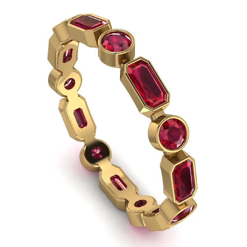 women's rings with matching wedding band -Emerald Cut Ruby Bezel Eternity Ring - Genevieve No. 55