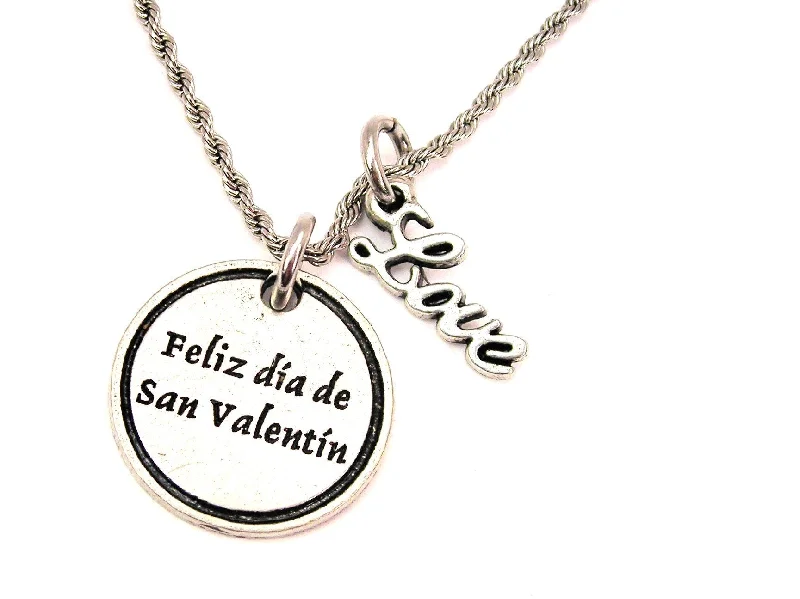 women's necklaces vintage style -Feliz Dia De San Valentine 20" Chain Necklace With Cursive Love Accent