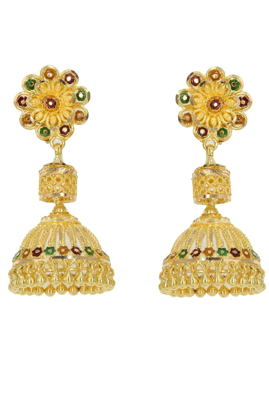 women's earrings for layering -22K Yellow Gold Floral Jhumki Earrings W/ Handpainted Enamel