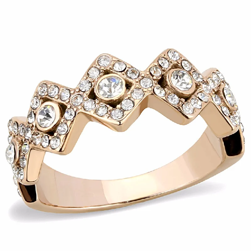 women's rings with asymmetrical design -Top Grade Crystal set in 5 Rhombus Shape Rose Gold IP Stainless Steel Band