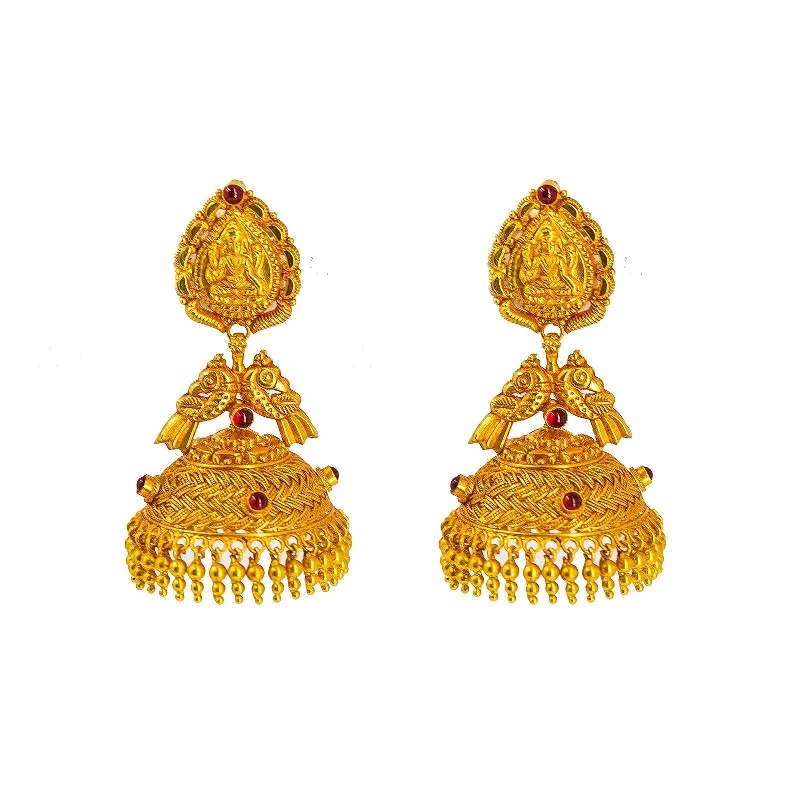 women's earrings chandelier -22K Yellow Gold Jhumki Drop Earrings W/ Precious Rubies on Basket Weave Design & Double Peacock Accents