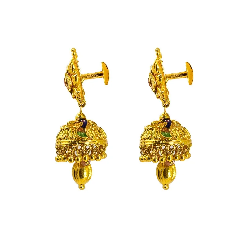 women's earrings with teardrop diamonds -22K Yellow Gold Jhumki Drop Earrings W/ Accent Peacock Enamel Design & Oblong Ball Drop