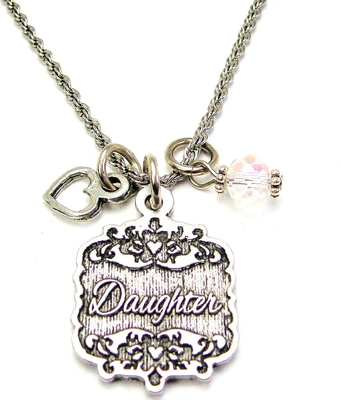 women's necklaces with rose gold chain -Daughter Victorian Scroll With Open Heart And Crystal 20" Stainless Steel Rope Necklace