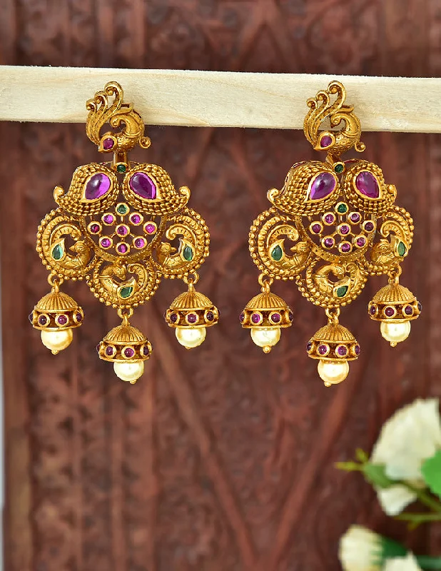 women's earrings with satin finish -Designer Peacock Kempu Jhumka Earrings