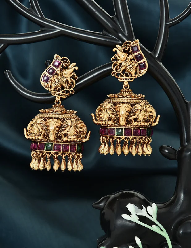 women's earrings with modern twist -Designer Kempu Ruby and Emerald Jhumka Earrings