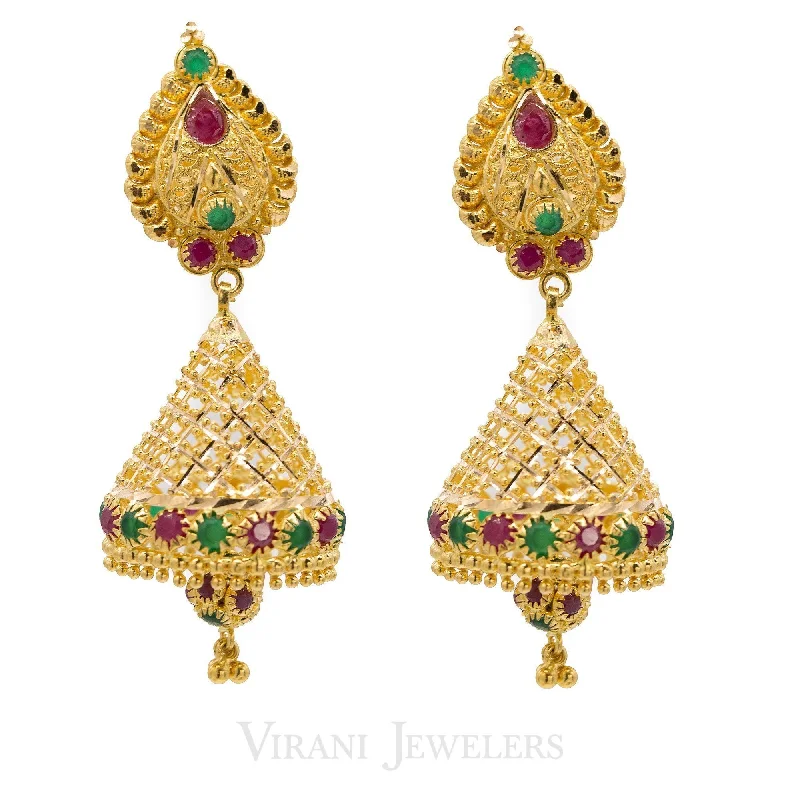 women's earrings with butterfly wings -22K Yellow Gold Jumkhi Drop EarringsW/Precious Ruby & Emerald Stones