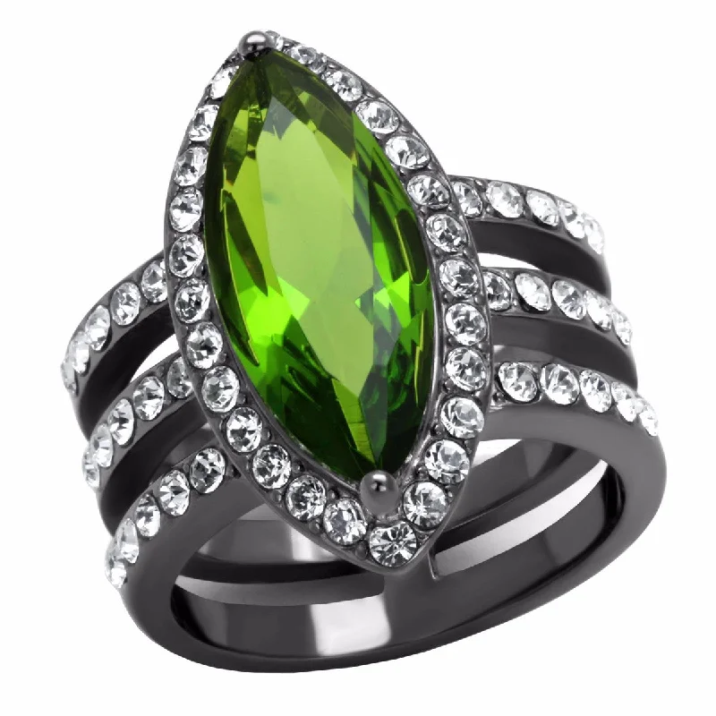 women's rings engagement ring -19x8mm Marquise Green CZ Three Side Rows IP Light Black Stainless Steel Ring