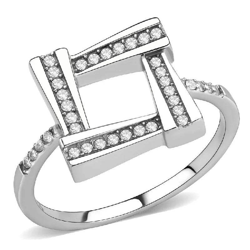 women's rings with matching earrings -AAA Grade Clear CZ on Square Shape Stainless Steel Womens Eternity Pave Thin Band