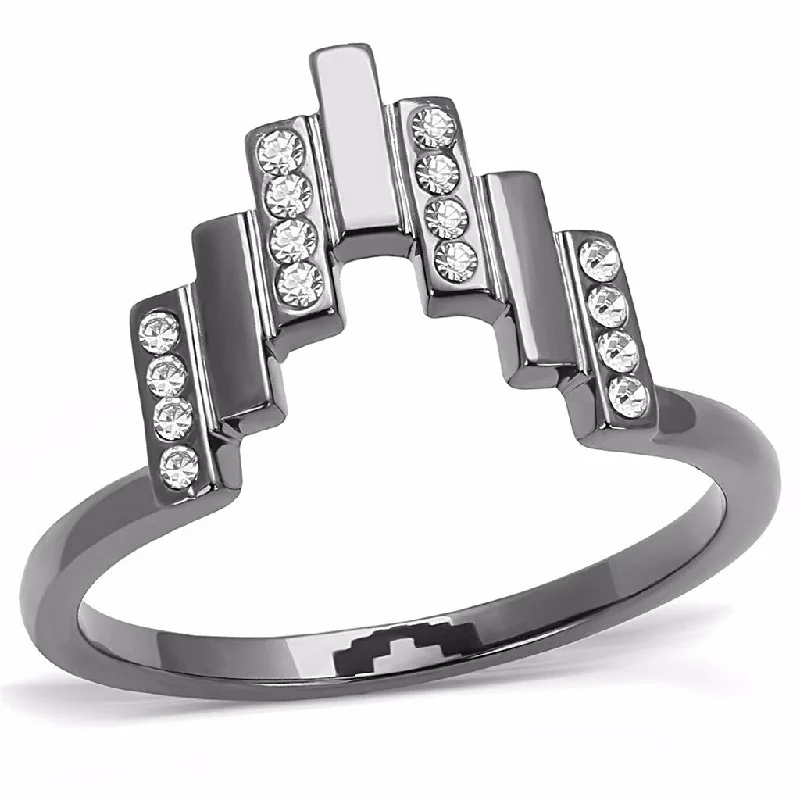 women's rings silver -Top Grade Clear Crystal Set in Light Black IP (IP Gun) Stainless Steel Band