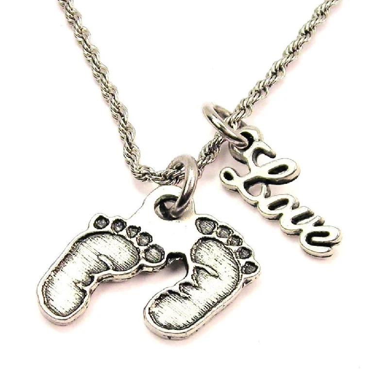 women's necklaces with anchor design -Baby Footprints 20" Chain Necklace With Cursive Love Accent