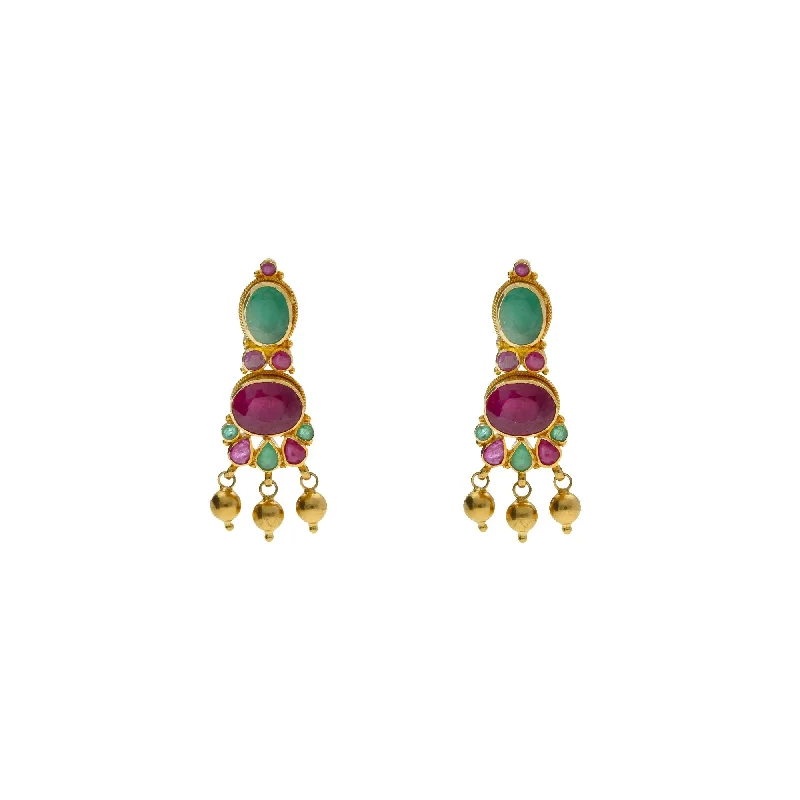 women's earrings with diamonds -22K Yellow Gold Ornate Drop Earrings W/ Rubies, Emeralds & Drop Balls