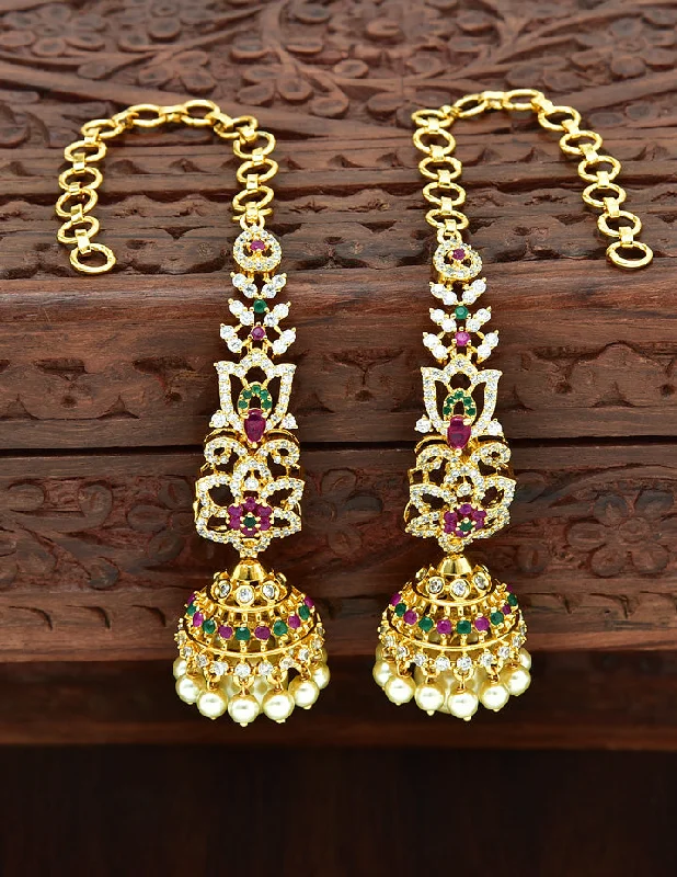 women's earrings gold with crystals -Designer Zirconia Gold Plated Jhumka Earrings+Matties